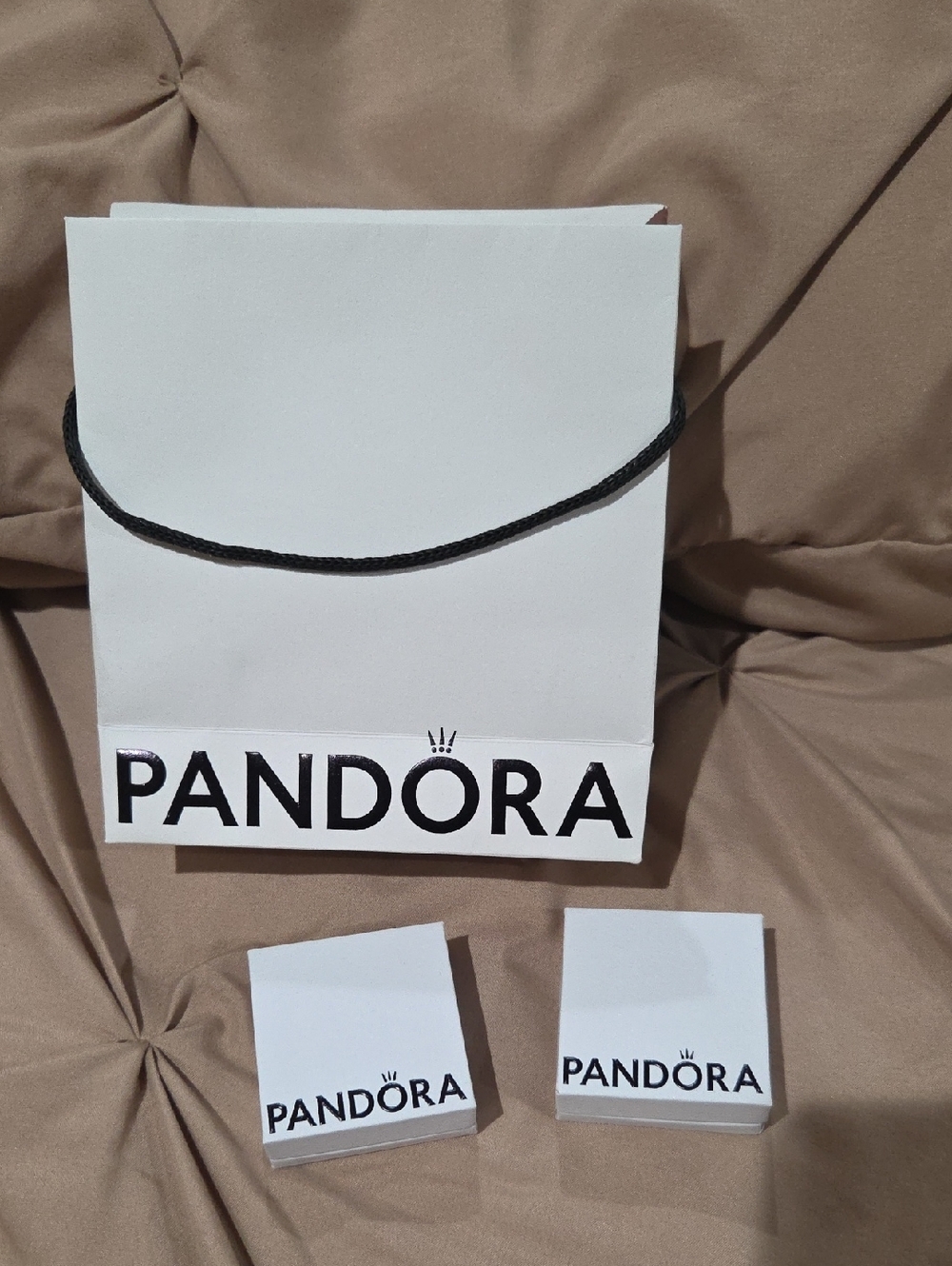 Pandora White Bag and Boxes with Black Logo